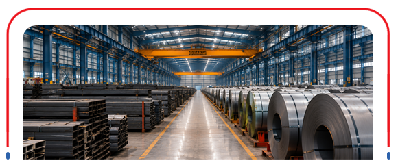 Organized steel warehouse and industrial facility interior